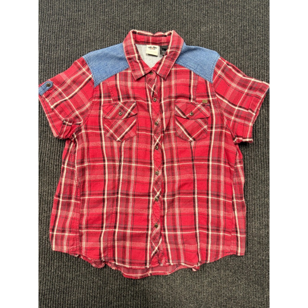Harley Davidson Women's XL/1W Red Plaid Shirt Denim Yoke Short Sleeve